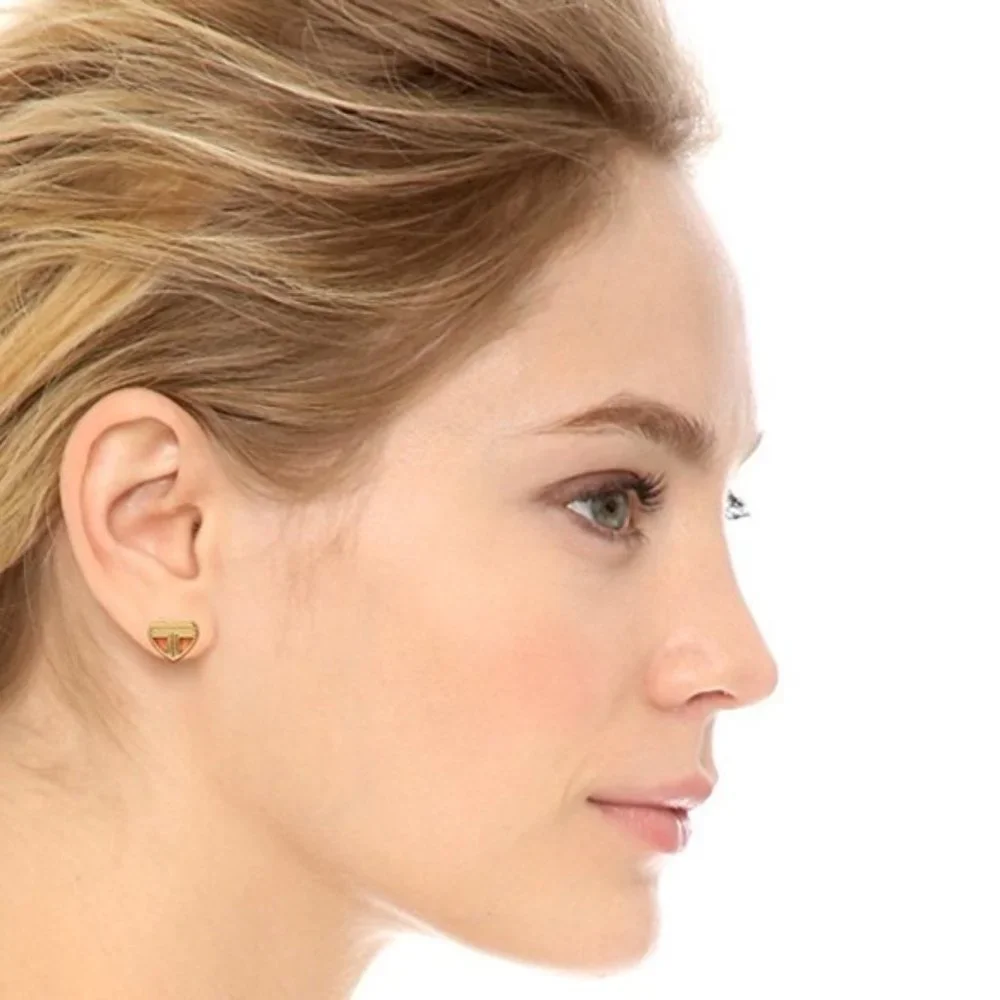Tory Burch Adeline Fret Stud Earrings Gold hearts logo